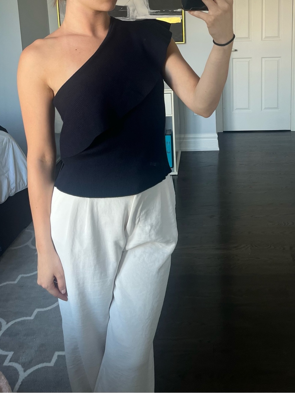 One-Shoulder Navy Blue Ruffle Knit Top